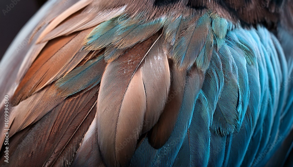 Fototapeta premium 鳥の羽の一枚一枚をクローズアップ。羽根の細かい繊維と柔らかな曲線が美しく見える