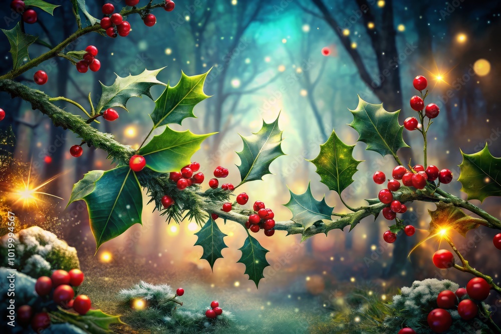 Surreal Holly Branches in Enchanted Forest - Dreamlike Winter Wonderland Surreal Holly Branches in Enchanted Forest - Dreamlike Winter Wonderland