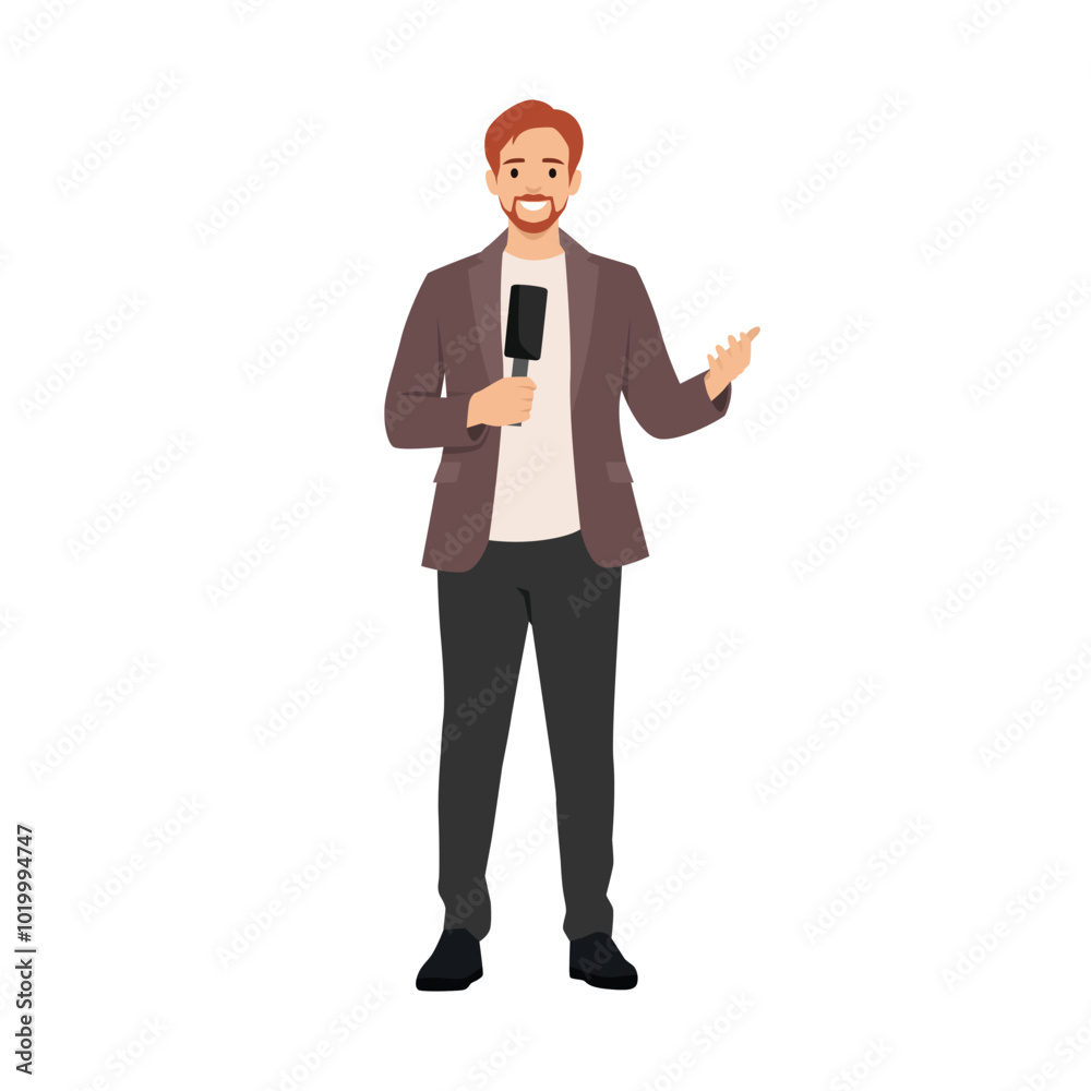 Journalist interviewer with microphone in hands. Flat vector illustration isolated on white background Journalist interviewer with microphone in hands. Flat vector illustration isolated on white background