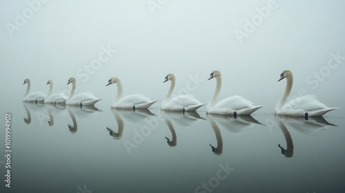 Fototapeta Naklejka Na Ścianę i Meble -  Seven white swans swimming in a line on a calm lake with fog in the background, their reflections mirroring them in the water.