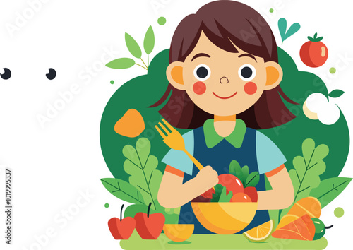 kid eating vegetables flat vector illustration graphic design