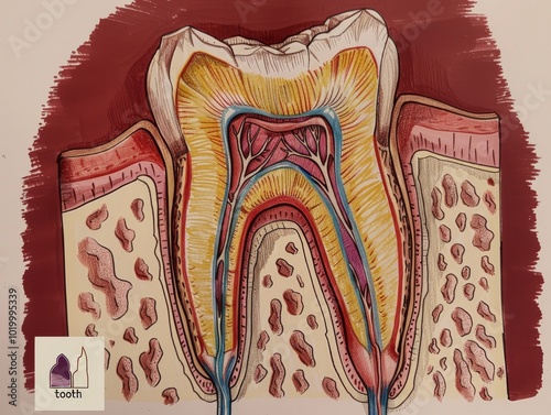 An illustration of the cross-section of teeth, showing the crown and roots. The tooth is shown with its structure detailed to show layers like enamel, enamel gradient, red tones. There is an overlay g photo