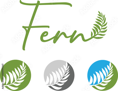 Fern leaf with lettering and icons in circle