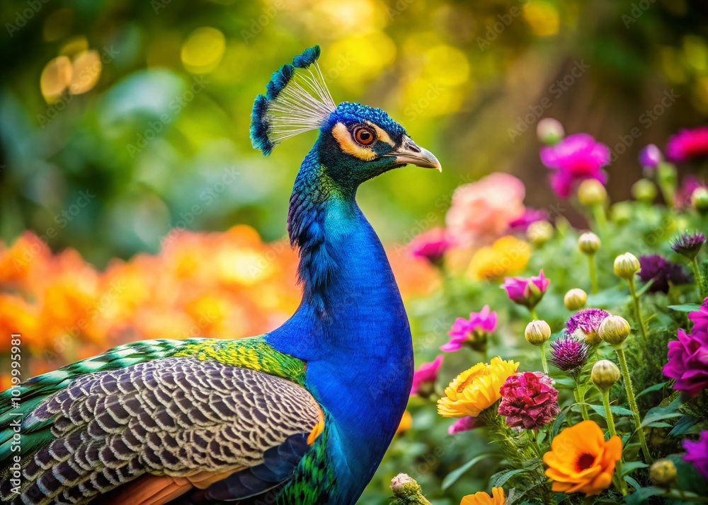 Stunning Female Peacock Displaying Subtle Beauty in Natural Habitat Among Lush Greenery and Flowers Stunning Female Peacock Displaying Subtle Beauty in Natural Habitat Among Lush Greenery and Flowers