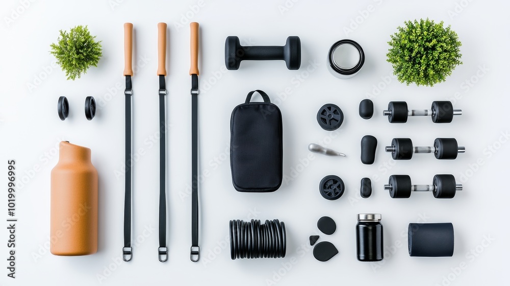 Flat Lay of Fitness Equipment with Water Bottle and Plants Flat Lay of Fitness Equipment with Water Bottle and Plants