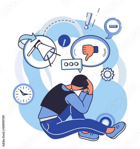 Critical thinking. A person sits with their head in their hands, surrounded by various stressful symbols such as gears, exclamation marks, a clock, and a thumbs-down sign. Ideal for stress