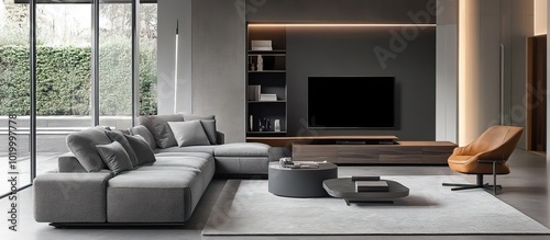 Modern Living Room Interior Design with Grey Sofa and a Large TV