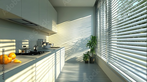 Modern Kitchen with White Cabinets and Blinds, Sunlight Streaks, and Plants