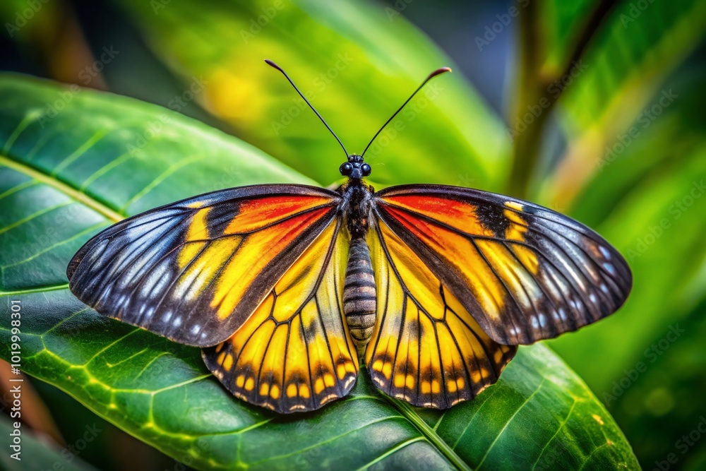 Fototapeta premium Stunning Golden Cocoon Butterfly Displaying Vibrant Colors on a Leaf in Natural Habitat Setting