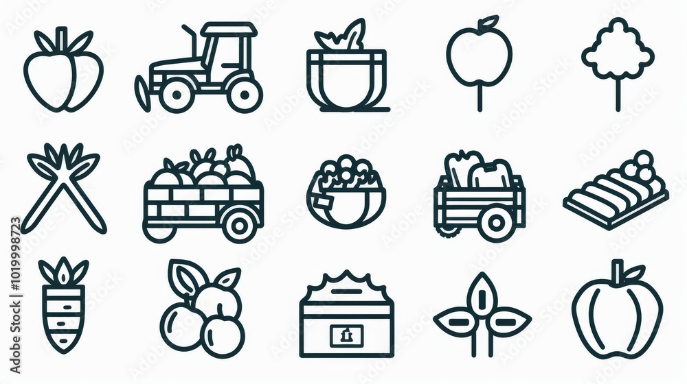 Create an icon set of black line vector icons for agriculture, farming and rural life. The collection includes elements such as farmland with crops growing, farmer in the field sowing seeds or harvest Create an icon set of black line vector icons for agriculture, farming and rural life. The collection includes elements such as farmland with crops growing, farmer in the field sowing seeds or harvest