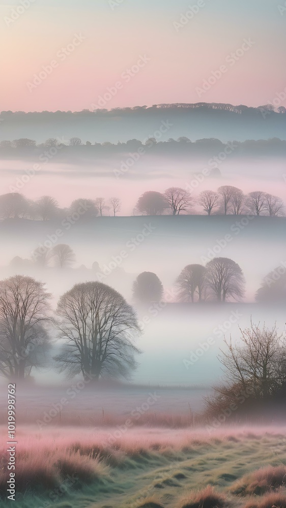 Obraz premium A soft, misty morning sky with pastel tones of pink and blue, with the fog rising from the fields and trees barely visible in the distance 