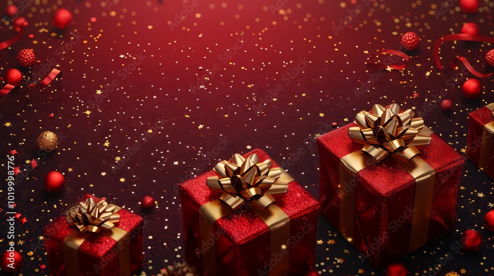 Christmas banner. Realistic gold gift box with red bow, pine branches, golden stars and glitter confetti. Xmas background, cover, poster, greeting cards, headers website. Christmas banner. Realistic gold gift box with red bow, pine branches, golden stars and glitter confetti. Xmas background, cover, poster, greeting cards, headers website.