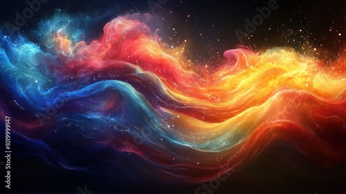 Abstract colorful waves of light and energy in a cosmic setting.