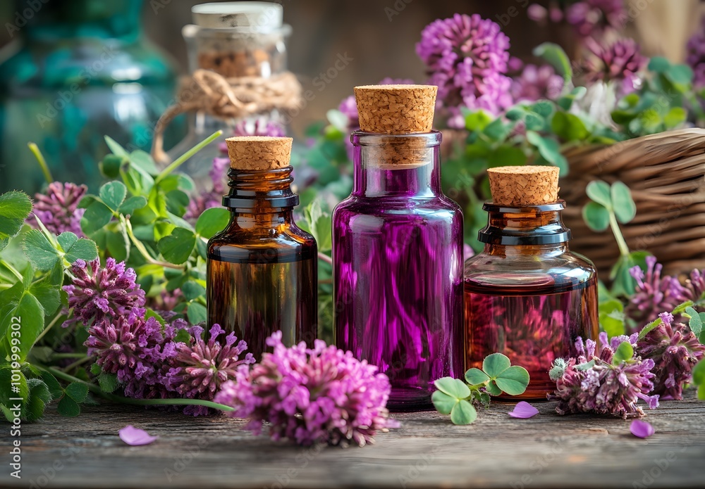 Essential Oil Bottles on Wooden Table with Flowers Essential Oil Bottles on Wooden Table with Flowers
