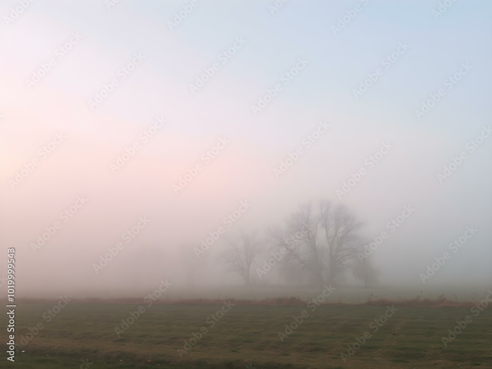 A soft, misty morning sky with pastel tones of pink and blue, with the fog rising from the fields and trees barely visible in the distance
