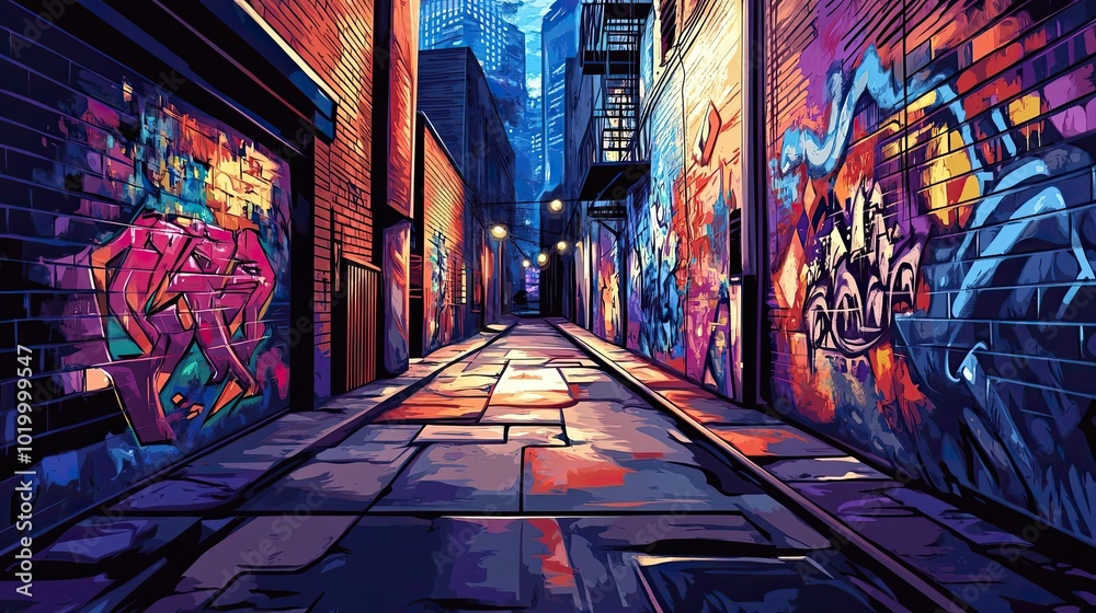 Fototapeta premium A Narrow, Graffiti-Covered Alleyway in a City at Night