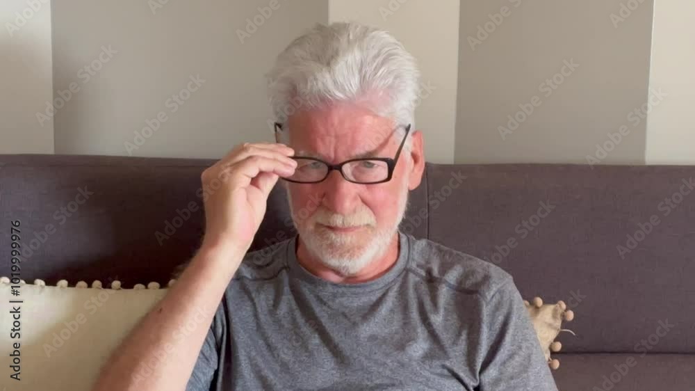 An old man sits comfortably on his couch, placing his glasses on to focus. The scene reflects aging, solitude, and mindfulness in a cozy living room setting. Vision and independence at home An old man sits comfortably on his couch, placing his glasses on to focus. The scene reflects aging, solitude, and mindfulness in a cozy living room setting. Vision and independence at home