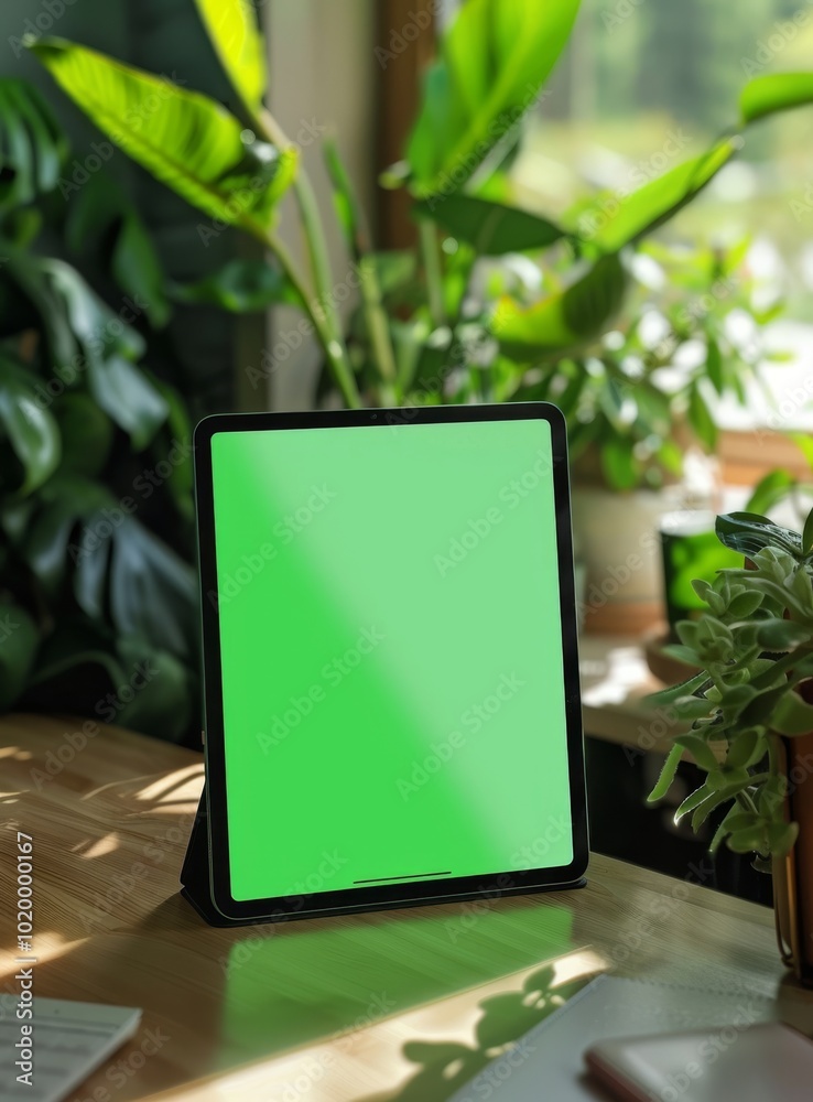ipad pro mockup with green screen, on desk in a home office, plants and a window in the background, top view, close up, high resolution, high quality ipad pro mockup with green screen, on desk in a home office, plants and a window in the background, top view, close up, high resolution, high quality