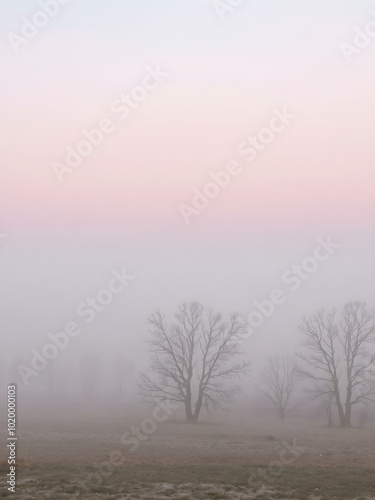 A soft, misty morning sky with pastel tones of pink and blue, with the fog rising from the fields and trees barely visible in the distance 