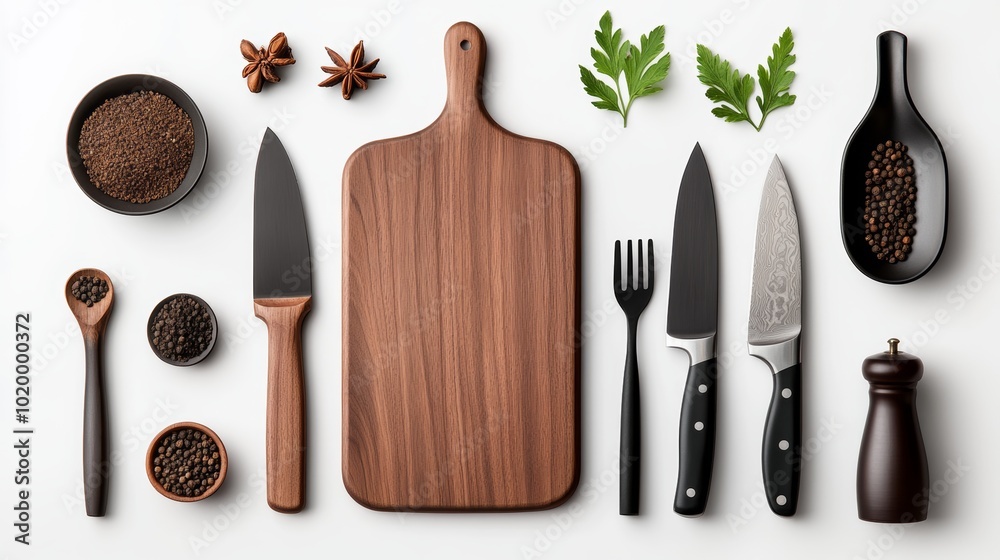 Wooden Cutting Board Black Peppercorns Knife Fork Spices Parsley Wooden Cutting Board Black Peppercorns Knife Fork Spices Parsley