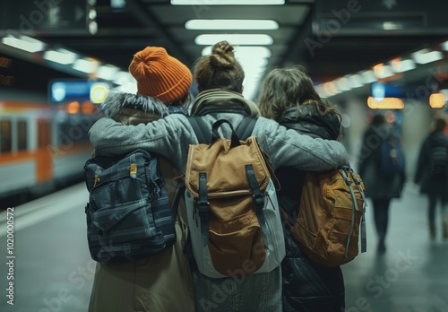 Three friends standing in the train station, their arms around each other's shoulders, facing away from the camera, two women and one man with backpacks on their backs. One of them is wearing an orang