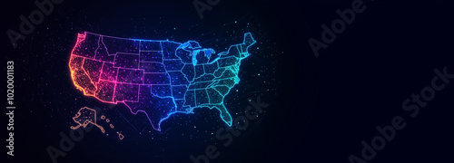 A map of the Usa with neon lights. AI generation