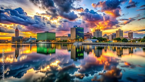 Stunning Green Bay Skyline at Dusk with Reflections on Water and Dramatic Cloudy Sky Above