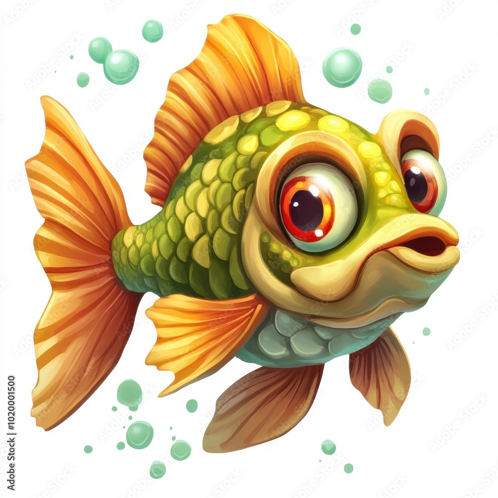 A colorful cartoon fish with big eyes and vibrant fins, swimming happily in a bubble-filled underwater scene. A colorful cartoon fish with big eyes and vibrant fins, swimming happily in a bubble-filled underwater scene.
