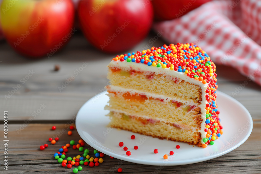 Delicious Slice of Moist Vanilla Cake Served With Fresh Apples in a Cozy Autumn Setting Delicious Slice of Moist Vanilla Cake Served With Fresh Apples in a Cozy Autumn Setting