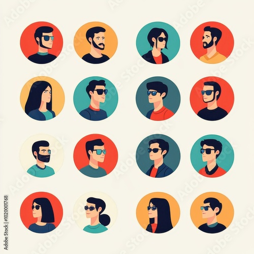 A colorful collection of diverse characters wearing sunglasses, showcasing different styles and personalities.