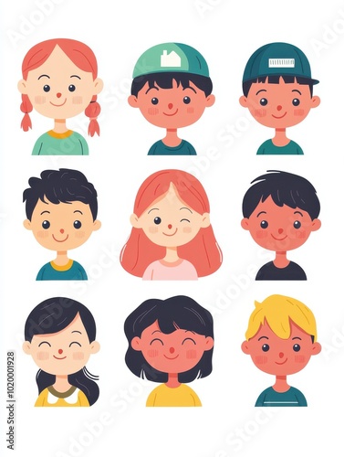 A colorful illustration showcasing diverse cartoon faces of children, each with unique expressions and styles.