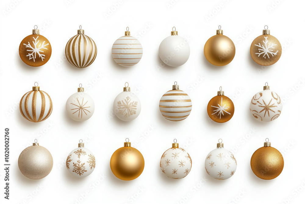 Fototapeta premium Collection of decorative Christmas ornaments in various styles and colors isolated on white background