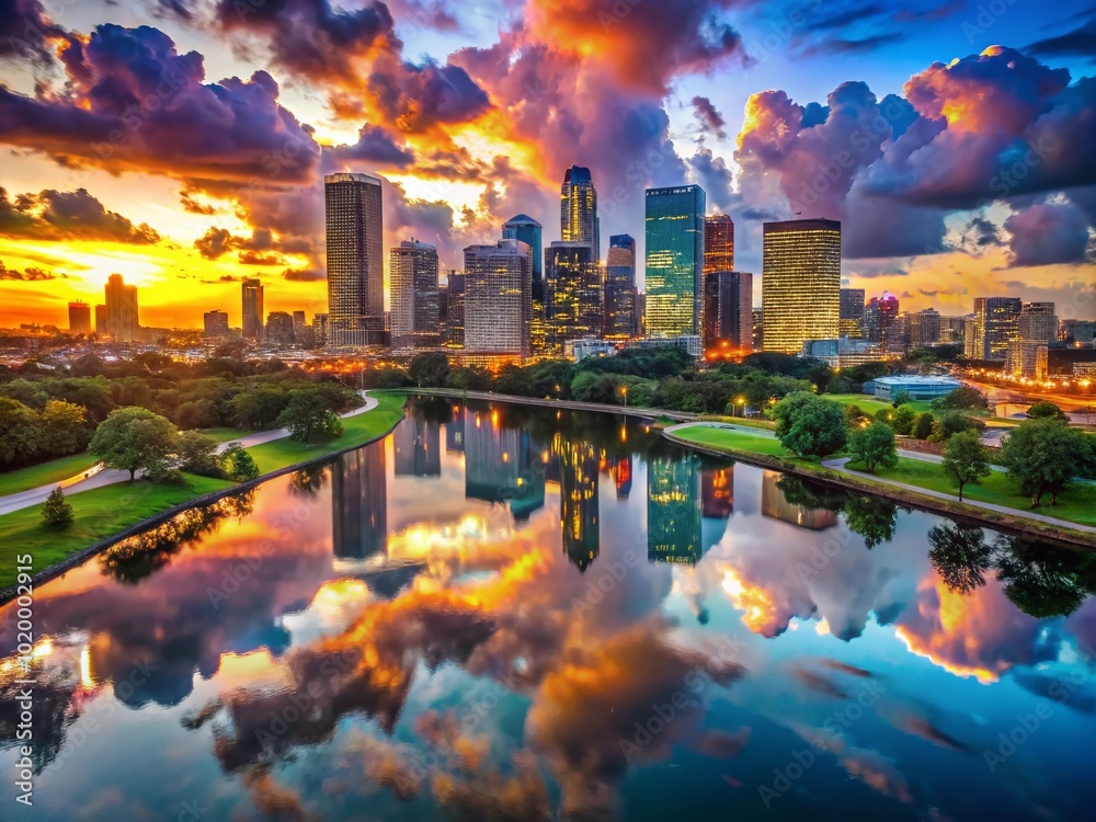 Obraz premium Stunning Houston Skyline at Dusk with Glowing Lights and Dramatic Clouds Reflecting in Water