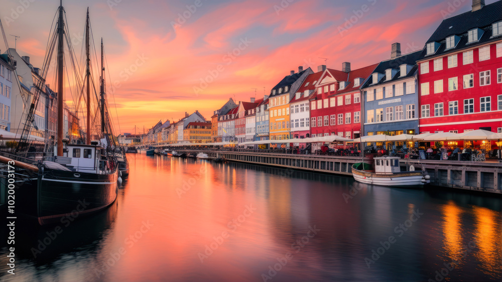 Stunning sunset over the vibrant Nyhavn waterfront in Copenhagen with boats and lively cafes