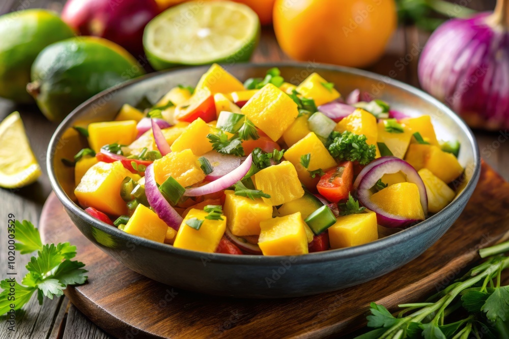 Vibrant Mango Pineapple Salsa Ingredients in Macro Photography for Culinary Delight Vibrant Mango Pineapple Salsa Ingredients in Macro Photography for Culinary Delight