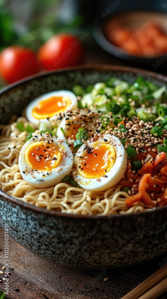 Steaming bowl of ramen noodles garnished with soft boiled eggs and peppers Steaming bowl of ramen noodles garnished with soft boiled eggs and peppers