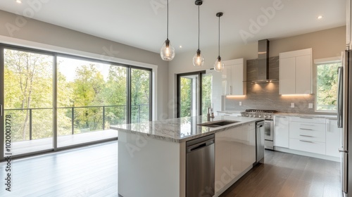 Modern kitchen with a view, featuring sleek design and natural light.