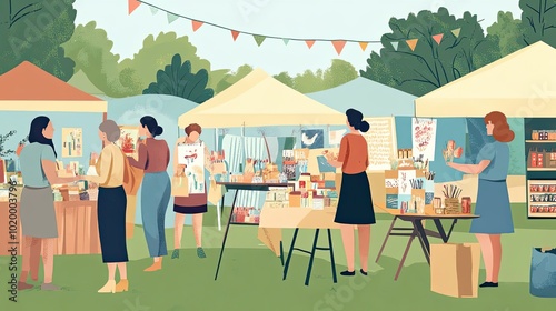 Women Shopping at an Outdoor Market with Booths