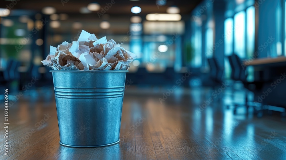 Overflowing trash can full of paper in conference room after business meeting Overflowing trash can full of paper in conference room after business meeting