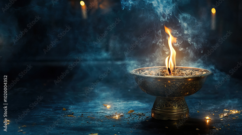 close up censer releasing incense with smoke on dark background with copy space, symbolizing prayers rising to heaven for all saints' day background banner. close up censer releasing incense with smoke on dark background with copy space, symbolizing prayers rising to heaven for all saints' day background banner.