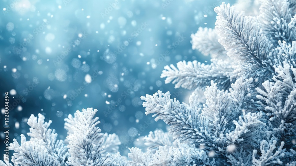 Snow falling on beautiful evergreen pine tree branches covered in frost Snow falling on beautiful evergreen pine tree branches covered in frost