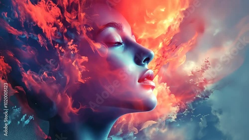 A woman's face is engulfed in vibrant red and blue flames, creating a surreal and ethereal portrait