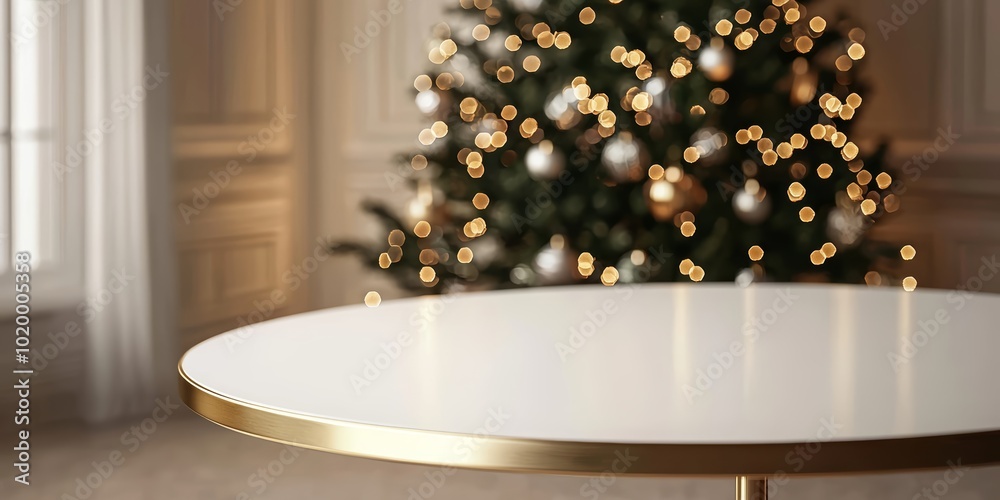 Elegant table in focus with a beautifully decorated Christmas tree in the background. Elegant table in focus with a beautifully decorated Christmas tree in the background.