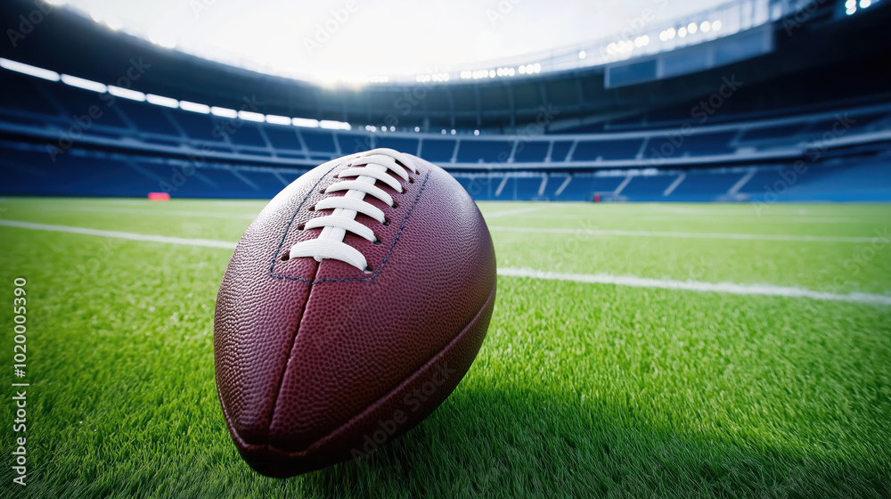 close up view of football resting on green field of stadium, capturing essence of game. bright stadium lights create exciting atmosphere for fans and players alike close up view of football resting on green field of stadium, capturing essence of game. bright stadium lights create exciting atmosphere for fans and players alike
