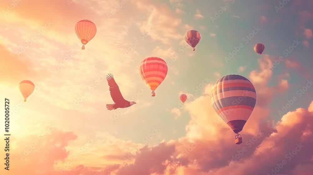 Naklejka premium A serene sky filled with colorful hot air balloons and an eagle soaring gracefully.