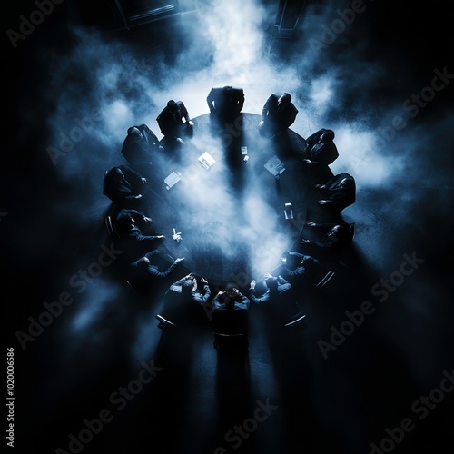 Produce a captivating aerial view graphic that visualizes the complex hierarchy, shady dealings, and internal conflicts within a crime syndicate Use a mix of shadows, symbols, and strategic placement