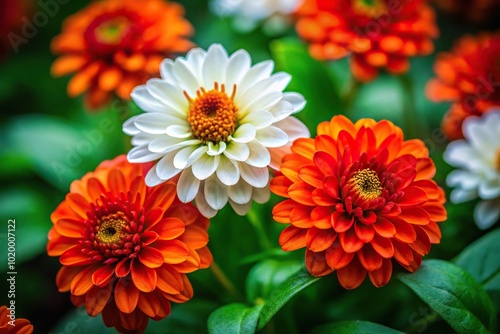 background of white, orange, and red flowers with green leaves in macro