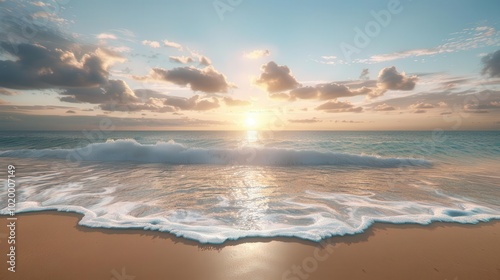 Sunset over a serene beach with gentle waves and colorful sky