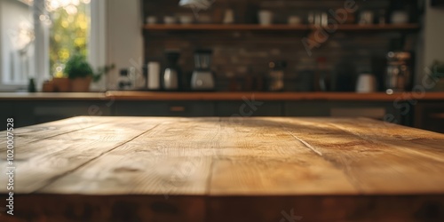 Sunlit wooden table in a cozy kitchen, showcasing natural textures and warm tones.