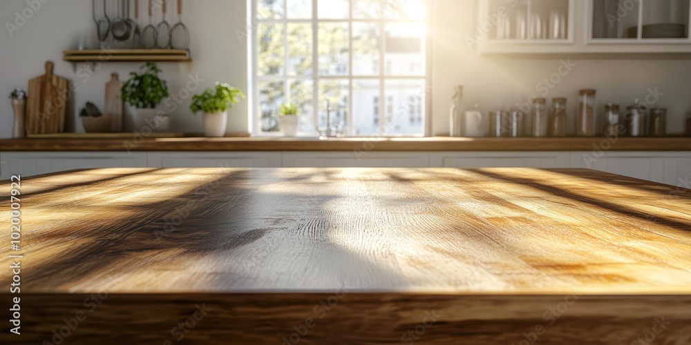 A sunlit kitchen with a warm wooden table and soft shadows casting over the surface. A sunlit kitchen with a warm wooden table and soft shadows casting over the surface.